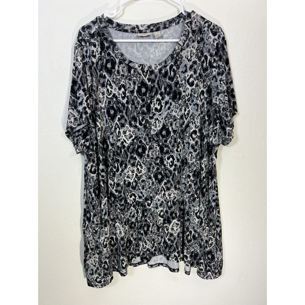 LOGO Lori Goldstein Babydoll Short Sleeve Tunic Top Womens 2X Pockets Gray Print